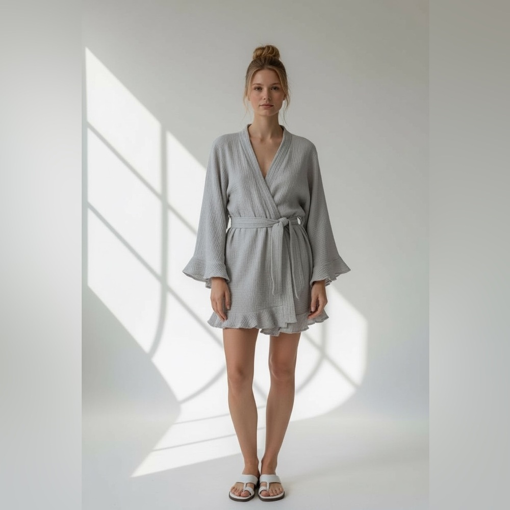 Waverles Romance bridal set. Gray Wrap Robe and shorts